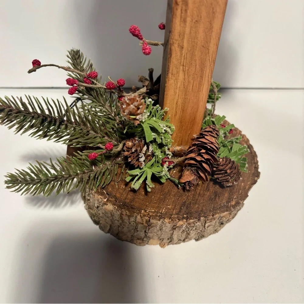 Hand Crafted Rustic Bark Tree Decor with Festive Greenery 23 inches